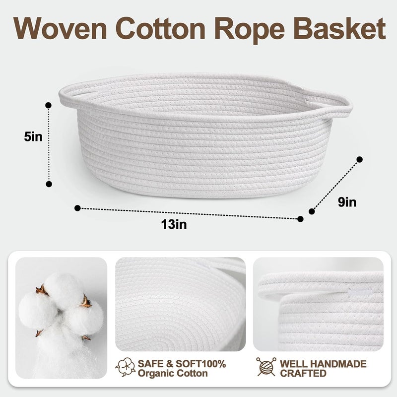 WILLITAT Small Baskets for Gifts Empty, 13"x 9"x 5" Woven Gift Basket with Bag and Ribbon, Cotton Rope Kids Dog Cat Toy Bin Box, Cute Baby Nursery Organizer, Decorative Storage with Handles (White) - Image 3